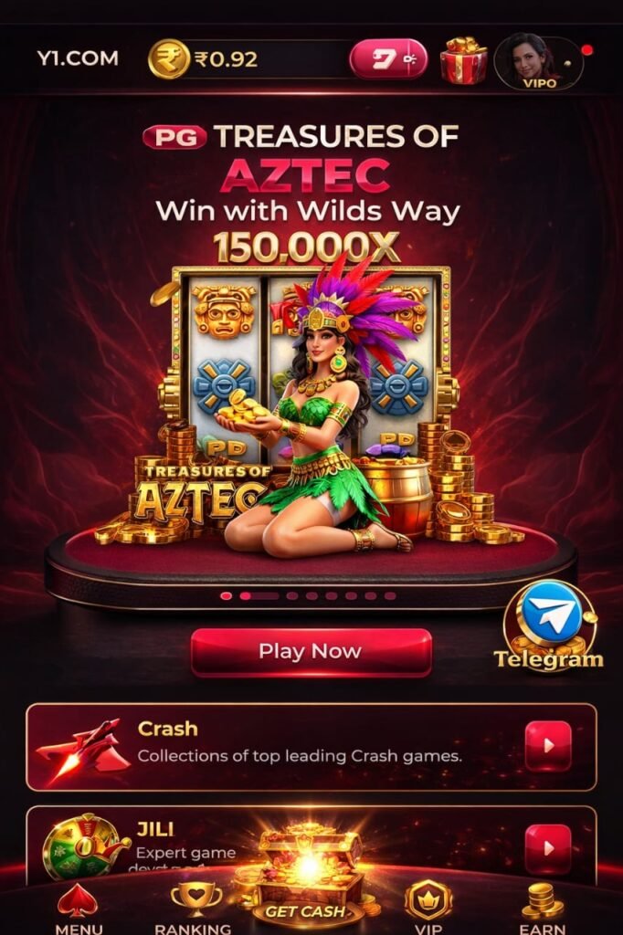 Y1 game app interface showing Treasures of Aztec slot game with coins, rewards and Play Now option in Y1 game APK