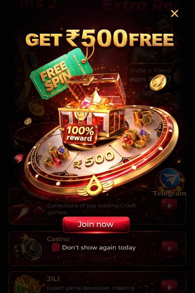 Y1 game app showing ₹500 free reward and free spin offer on Y1 game APK download screen
